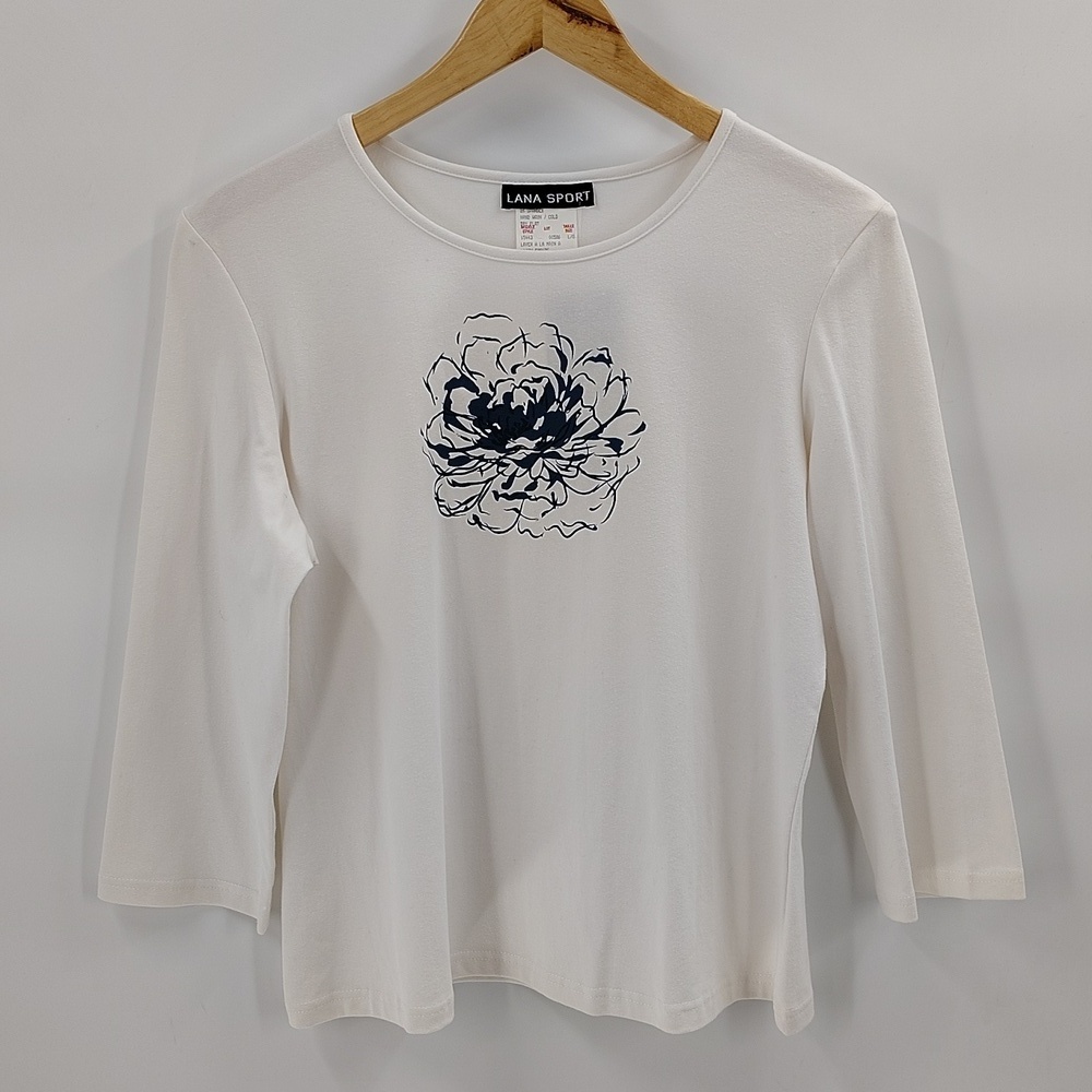 Lana Sport By Lana Lee Top Size Large White Blue Floral Quarter Sleeve Tee